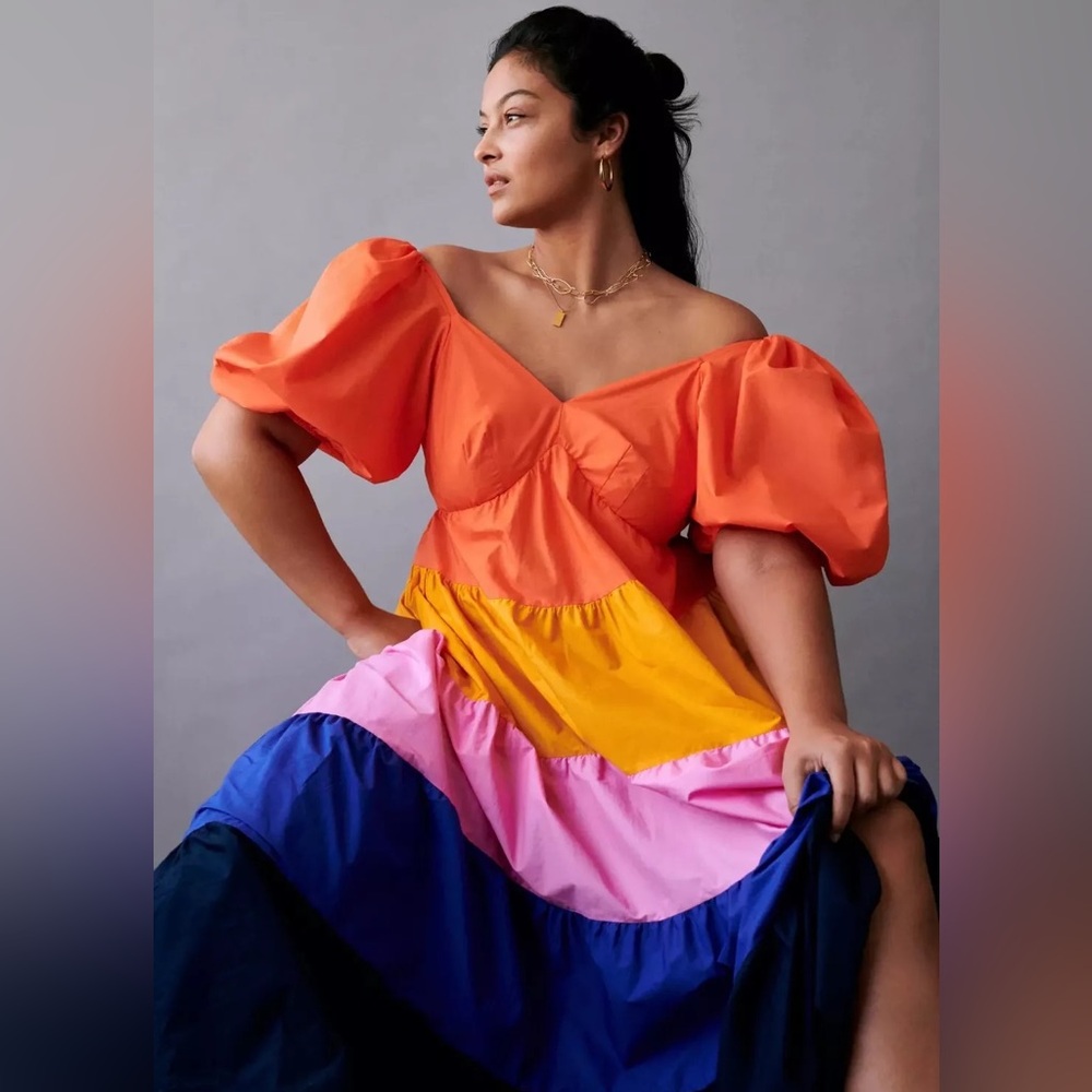 Farm Rio x Anthropologie Tiered Color block Maxi Dress (fits like a XXL)
